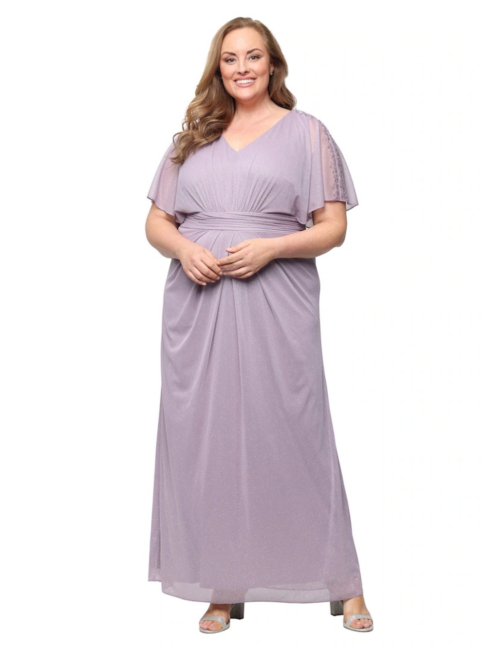 SLNY Lavender V-Neck Maxi Gown with Flutter Sleeves